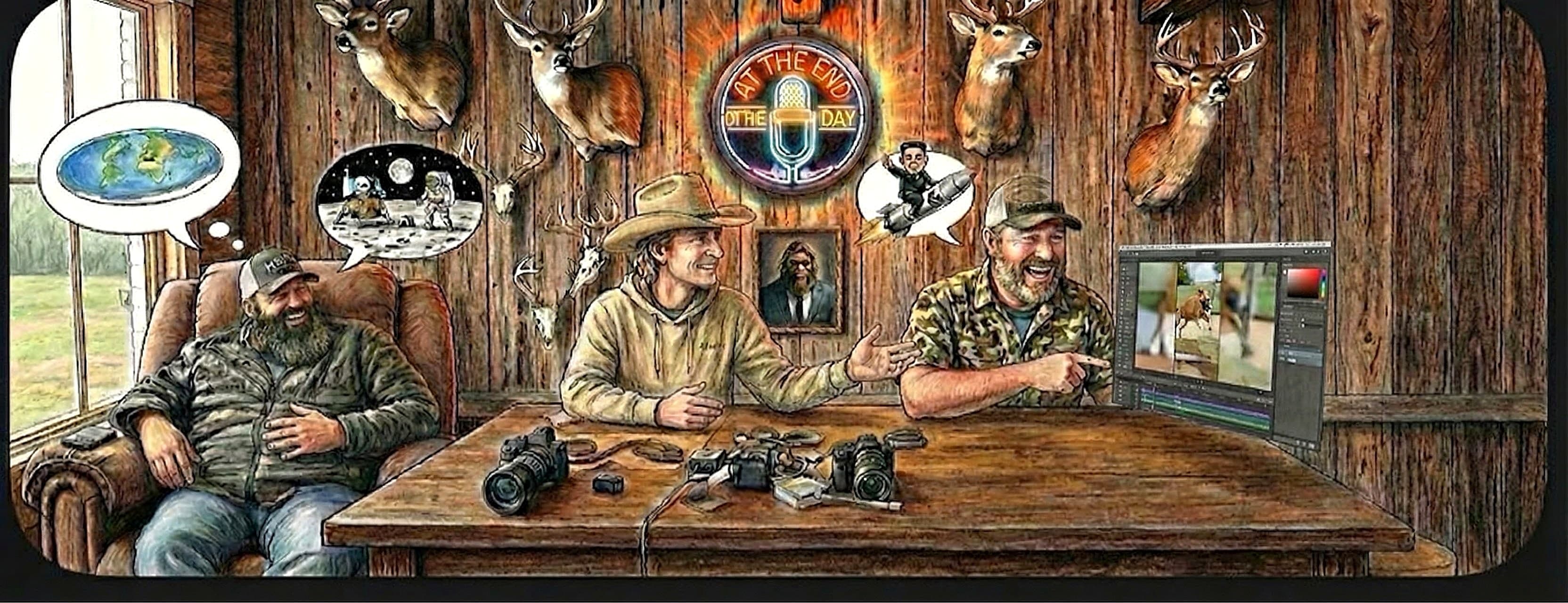 The AETD desk — Will, John Paul, and Craigg in the Van Vleet cabin studio